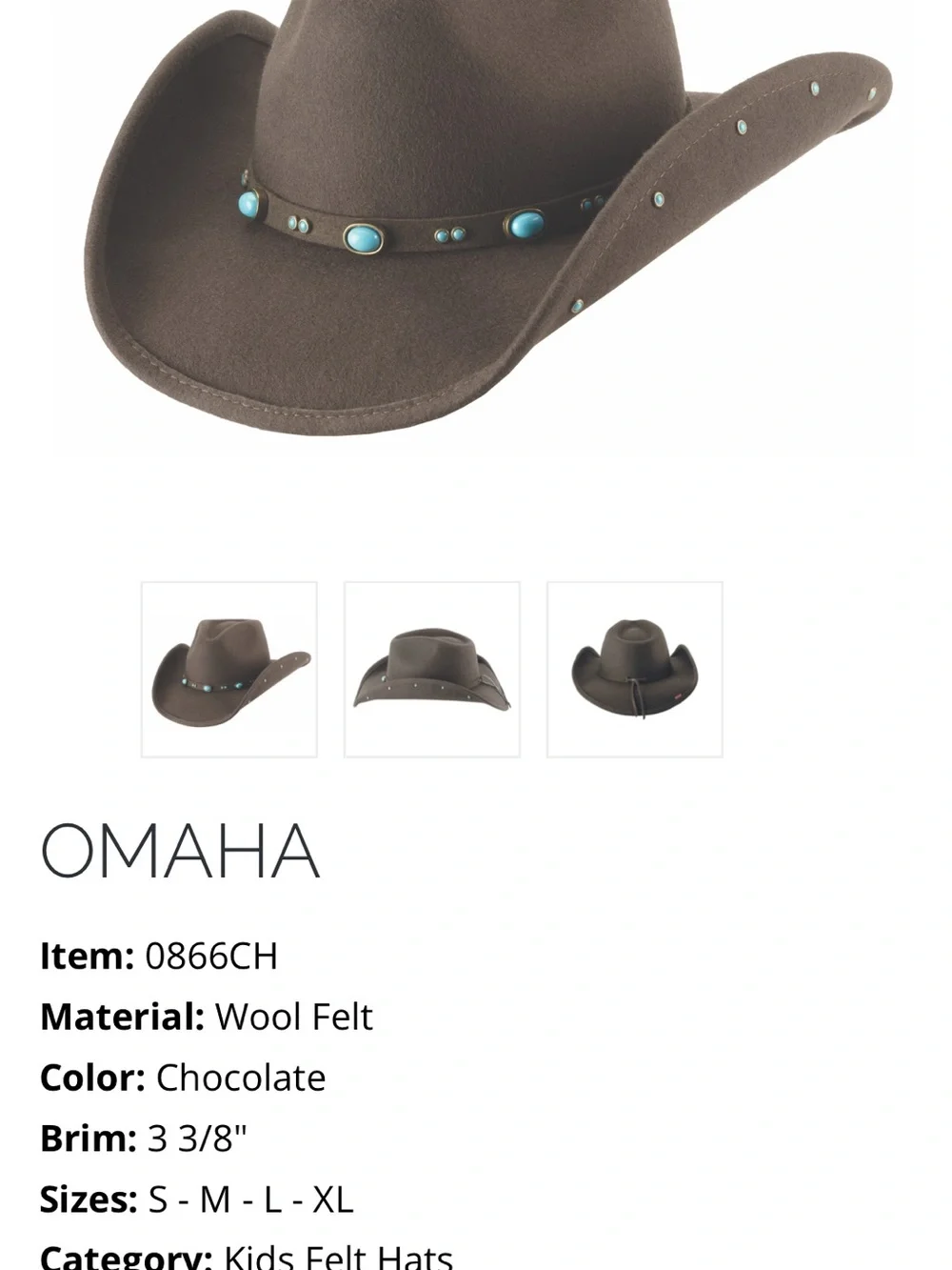 Bullhide Omaha Kids Wool Felt Cowboy Hat Chocolate Sz M, 0866CH